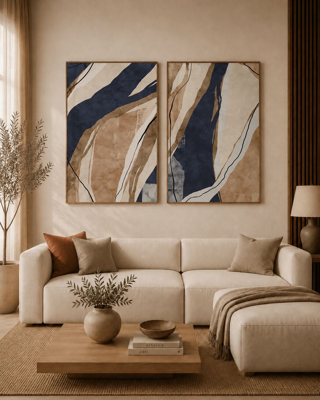 KIT 2 QUADROS DECORATIVOS - ABSTRATO AZUL SALMÃO E MARROM